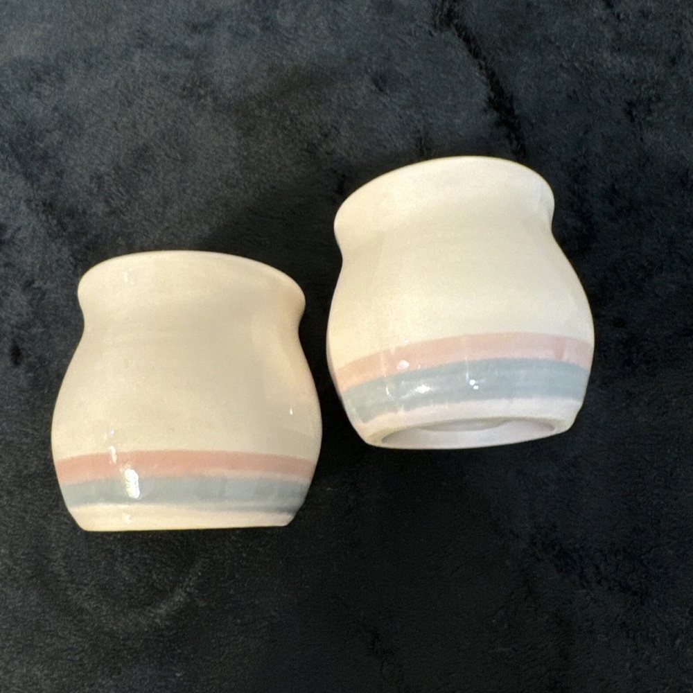 Pfaltzgraff Aura Salt & Pepper Shakers Blue & Pink Bands Stripes Vintage